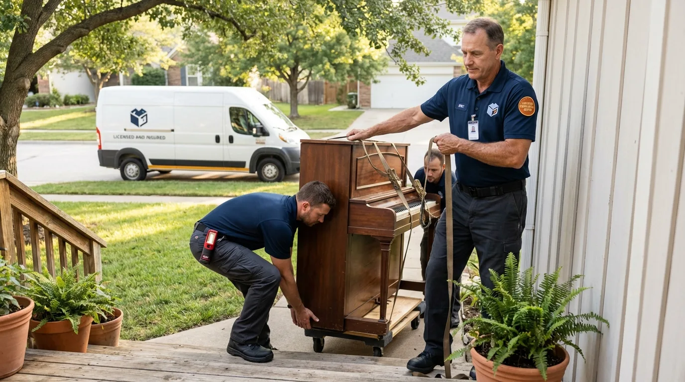 Licensed piano movers securing grand piano in Shelter Island, NY