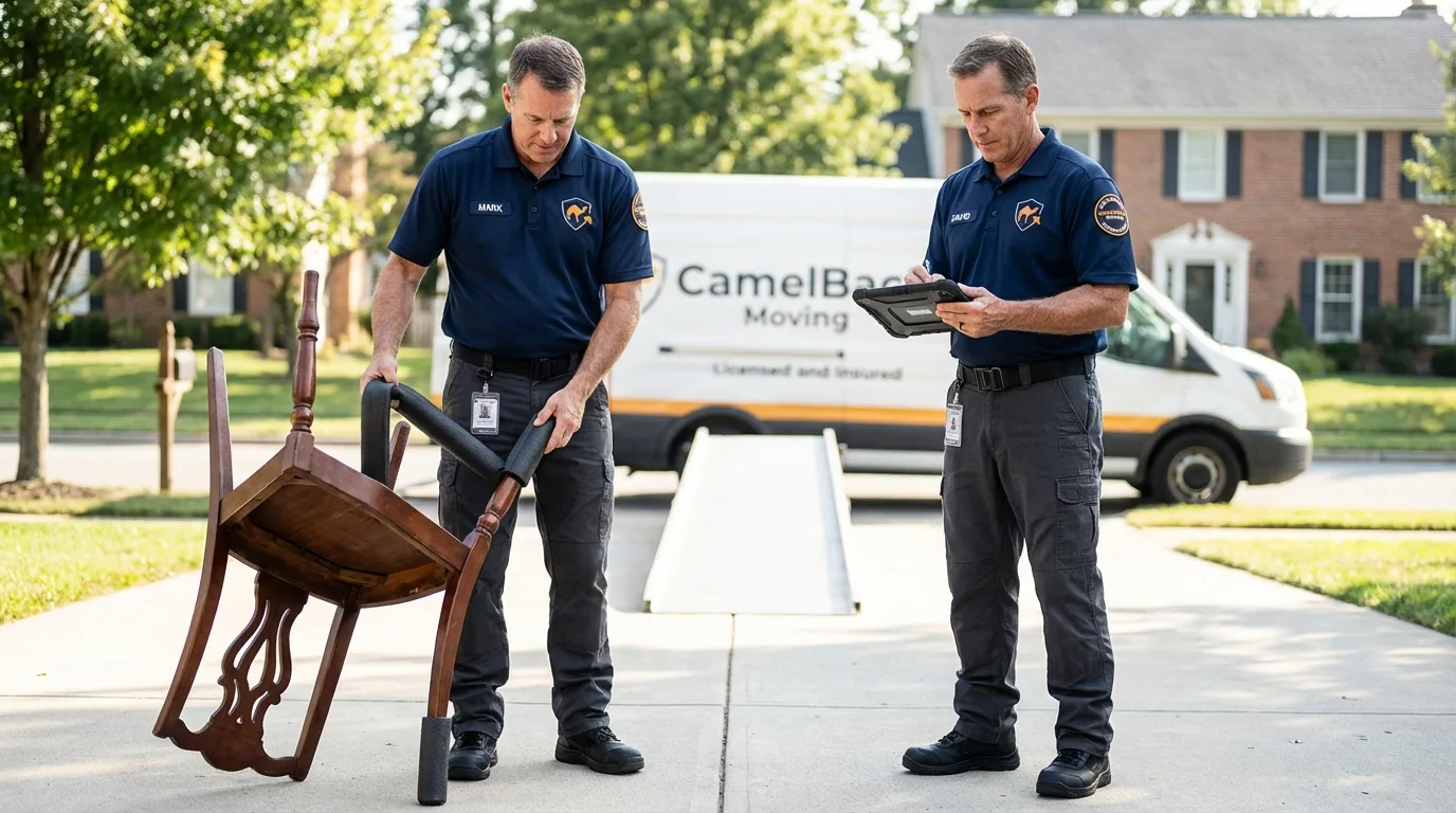 Movers inspecting furniture for damage prevention before loading in Shelter Island, NY