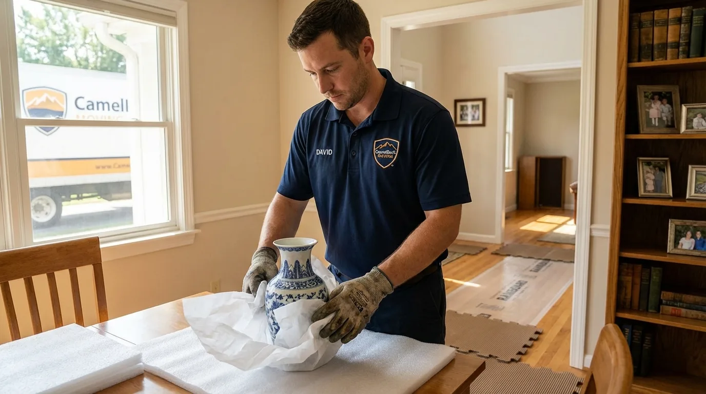 Professional crew carefully wrapping antique vase for senior downsizing move in Shelter Island, NY