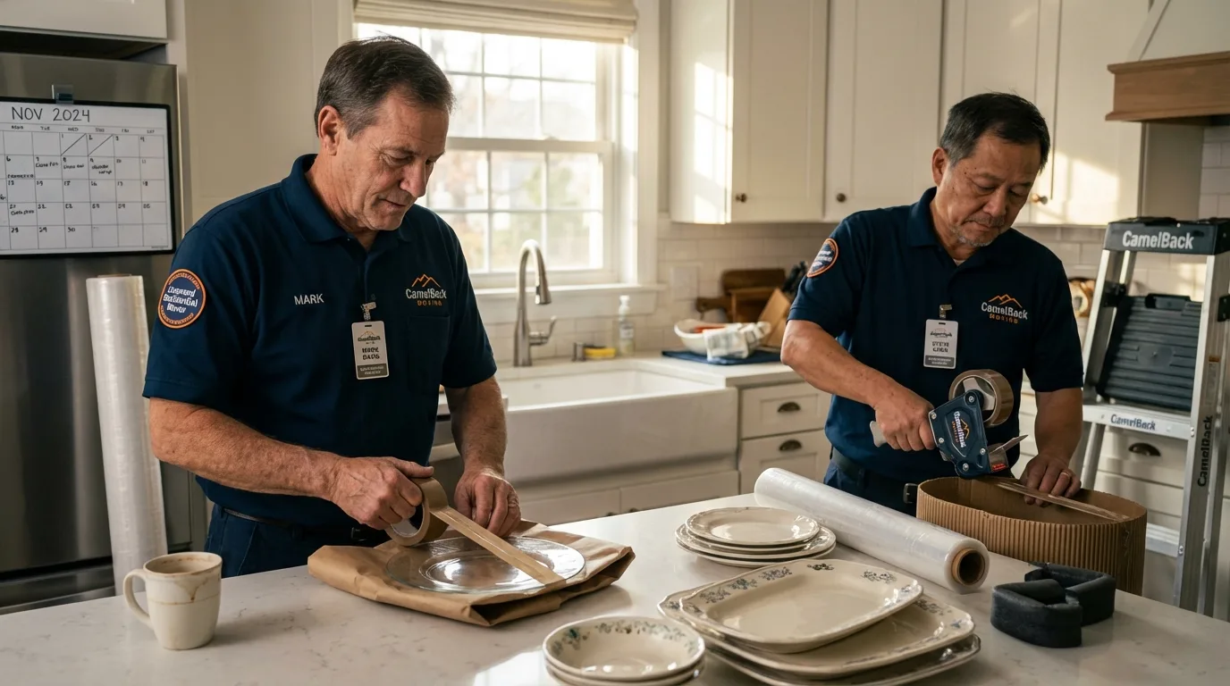 Professional crew packing kitchen dishware in Shelter Island, NY